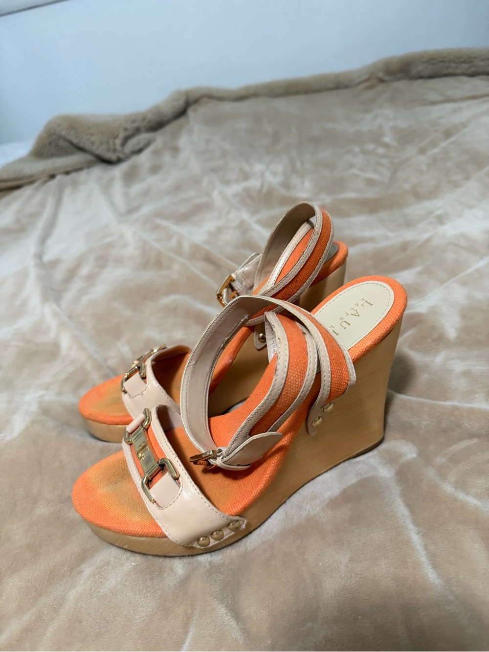 Ralph Lauren Orange and Neutral Leather Strap Wedge Sandals 6.5 M